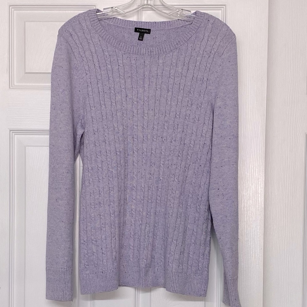 Talbots Cotton Blend Cable Knit Purple Speckle Button Cuff Pullover Sweater Sz L